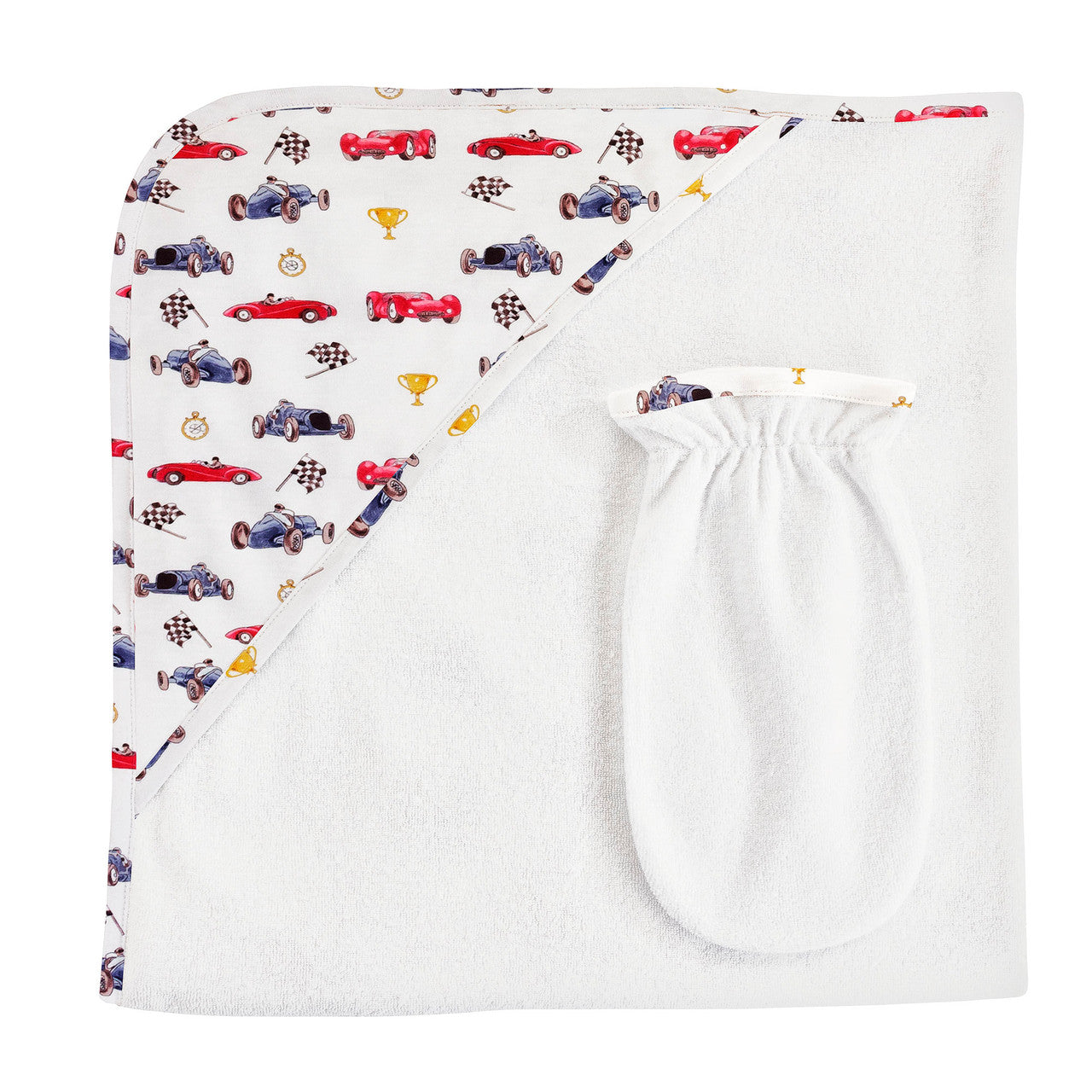 Baby Club Chic Hooded Towel & Mitt - Vintage Racing Cars
