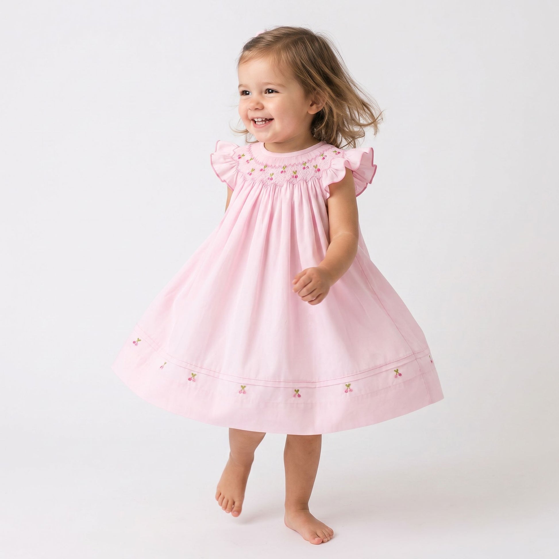 Luli & Me Cherries Smock Bishop Dress 26SL22-PK