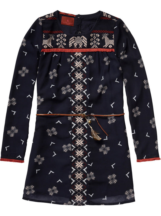 Scotch R’Belle navy dress with tribal print.