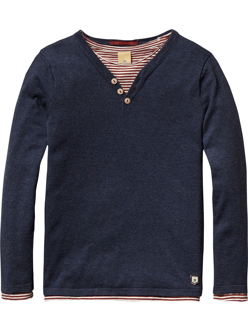 Scotch Shrunk blue sweater with striped top.